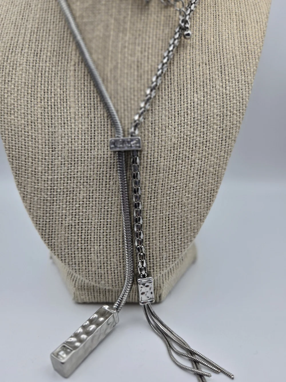 Chico's Silvertone Lariat Necklace Tassel Hammered Bar Rhinestone Accent Classic